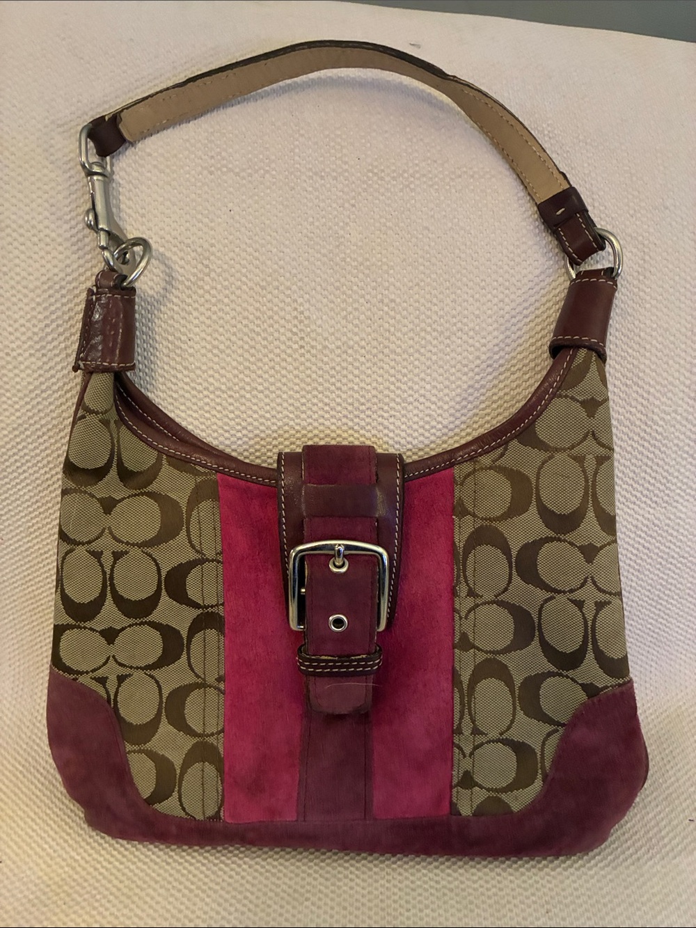 Coach Designer-Inspired Pink Suede Accent Shoulder Bag w/buckle closure-hobo bag